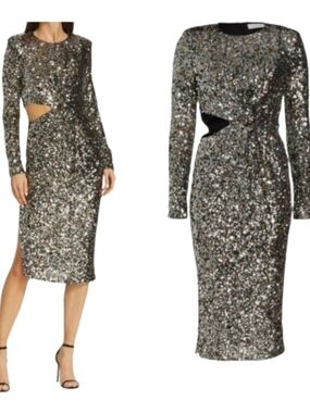 ASTR the Label Sylvina Sequin Cutout Midi Dress Black Rainbow sz M